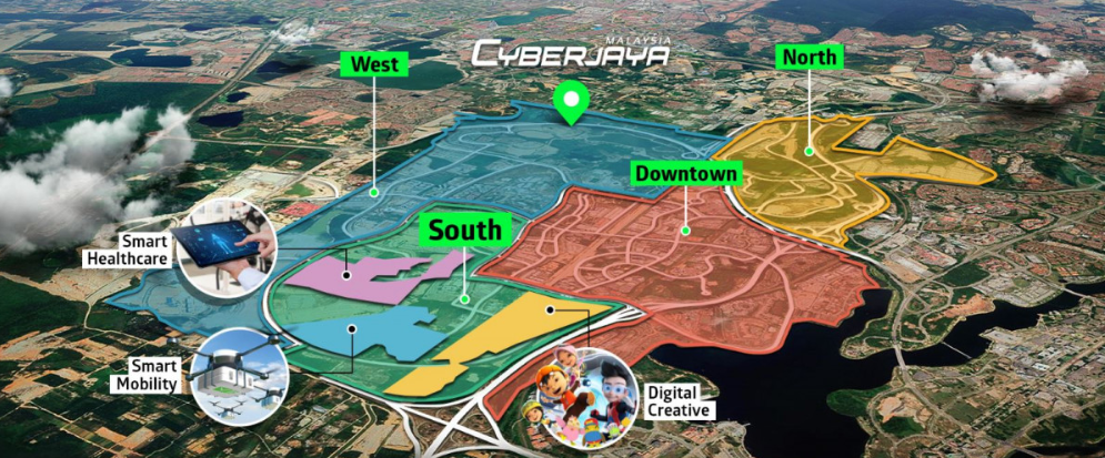 Cyberjaya map showing West, North, Downtown and South zones