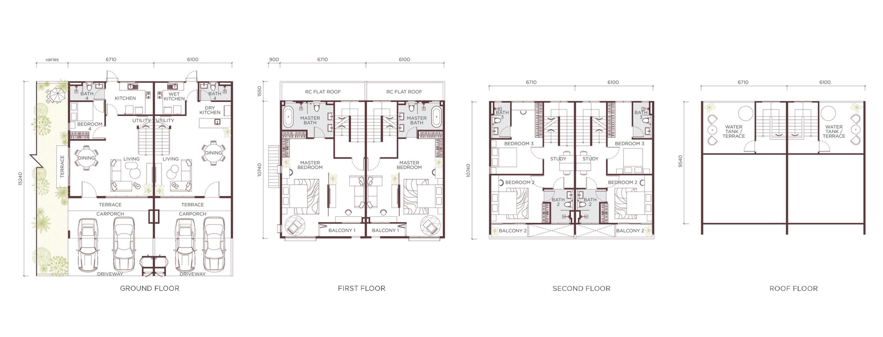 Ambrosia ground, first, second and roof floor plans